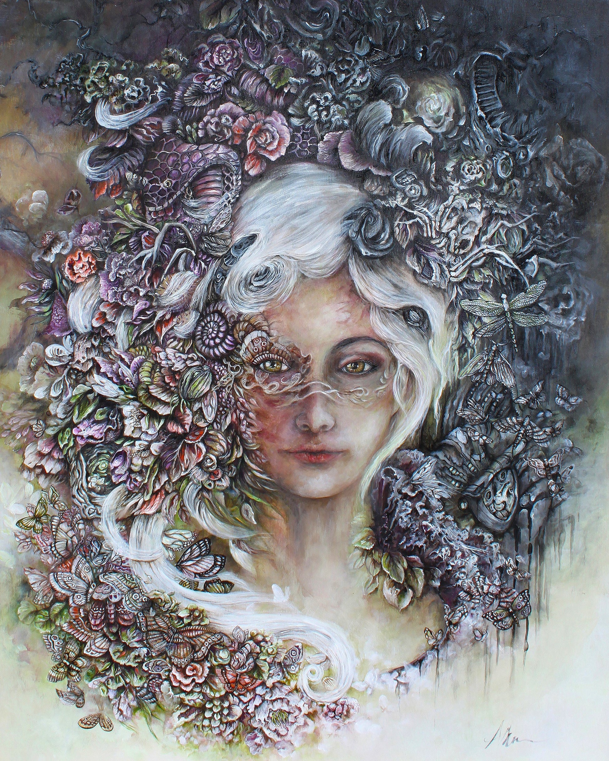 Steampunk Fantasy Girl with Flowers and Butterflies Acrylic Painting "Reclamation: Earth" originalpainting AK Organic Abstracts 