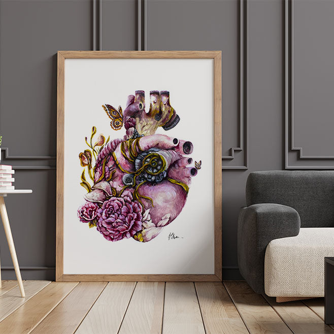 Steampunk Heart Fantasy Art Print, Whimsical Anatomical Heart Illustration,