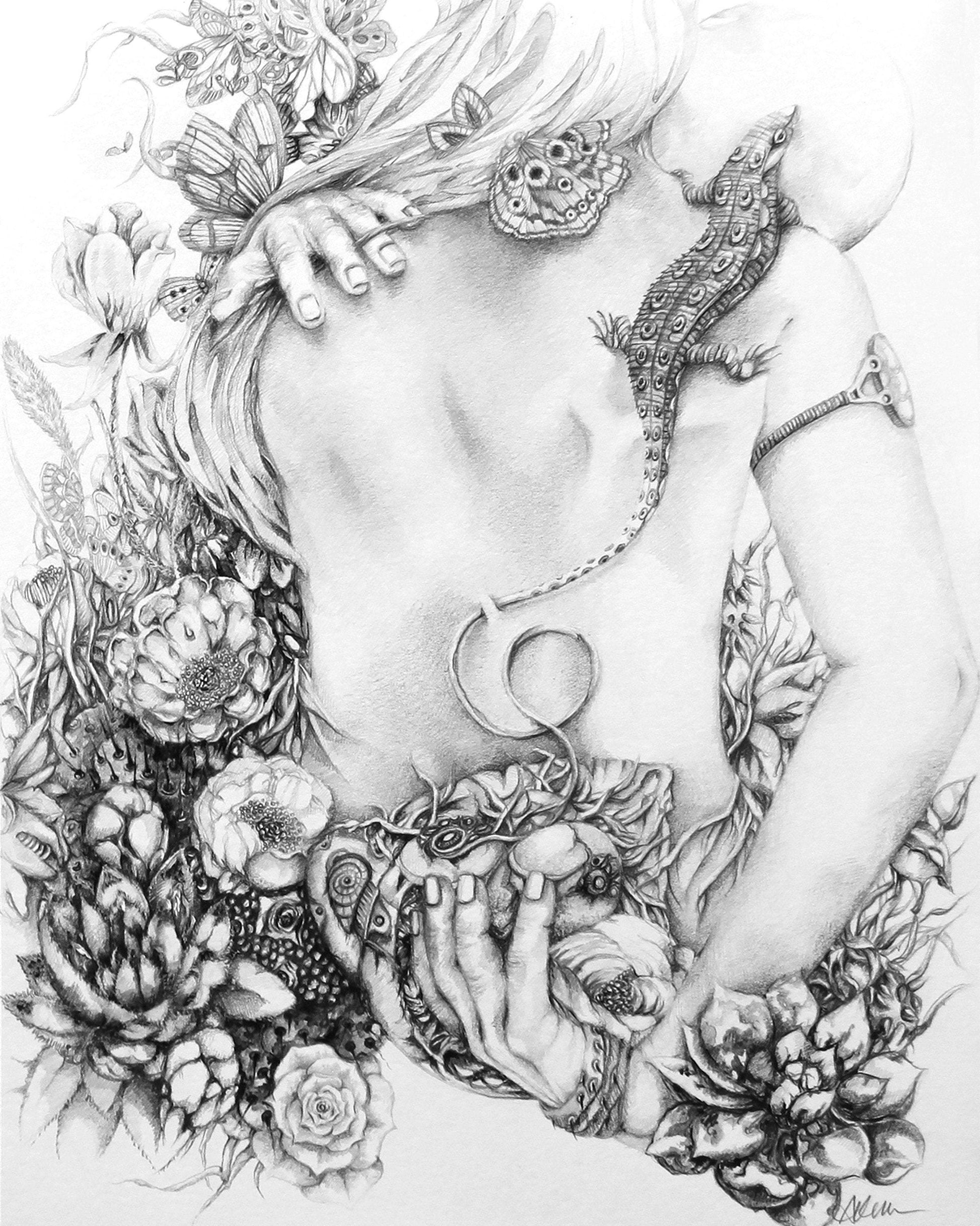 Steampunk Illustration Woman with Flowers Fine Art Print "Interpretations III" prints AK Organic Abstracts 