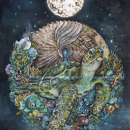 Steampunk Art with Sea Turtle and Moon