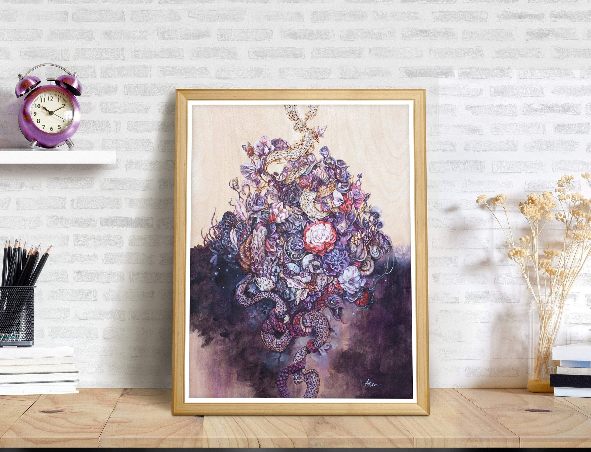 Steampunk Snake and Flowers Surreal Art Print "So Many Things, Unseen, Fraught" prints AK Organic Abstracts 