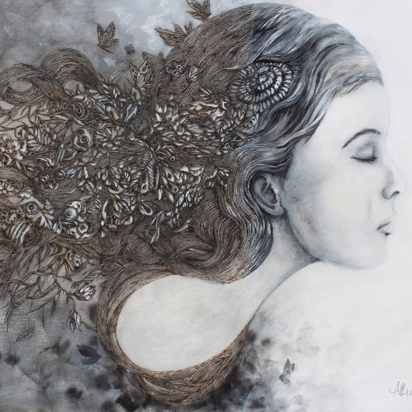 Surreal Art Woman with Leaves Butterflies and Shells Print "Persephone" prints AK Organic Abstracts 