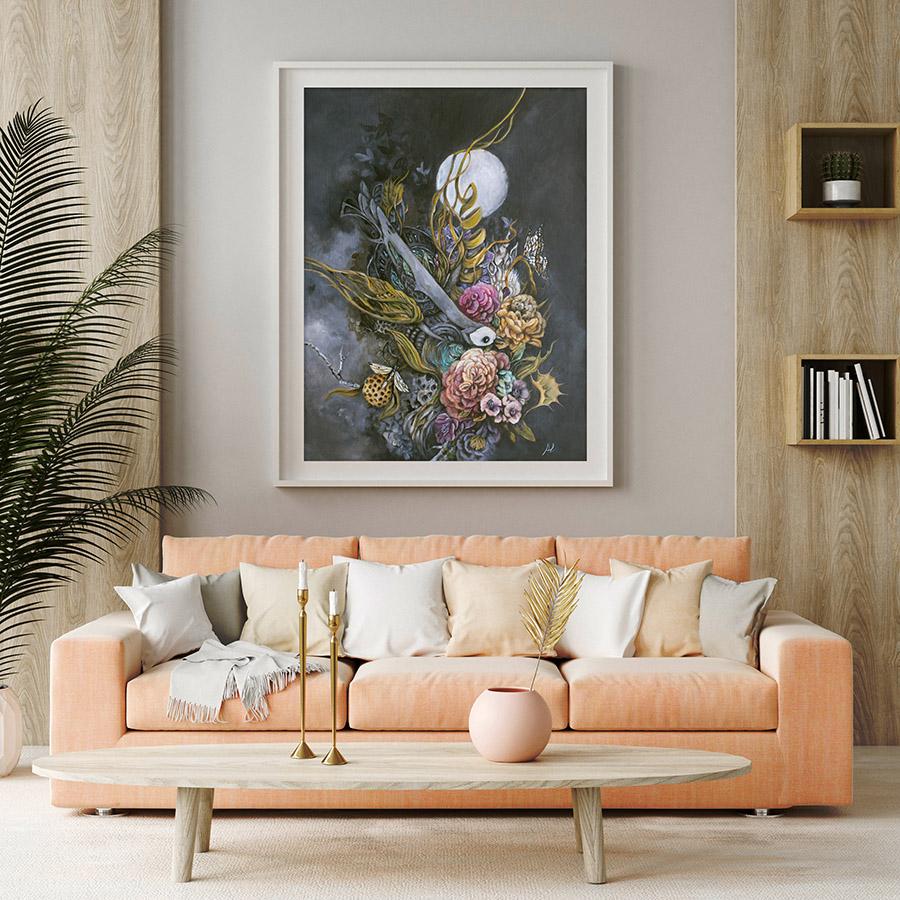 Surreal Bird, Butterflies & Flowers Fantasy Art Print "We Can Return To What We Knew" prints AK Organic Abstracts 