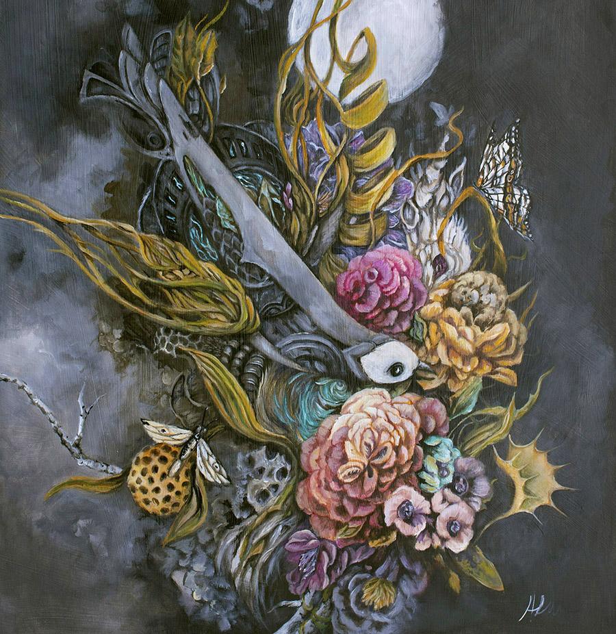 Surreal Bird, Butterflies & Flowers Fantasy Art Print "We Can Return To What We Knew" prints AK Organic Abstracts 