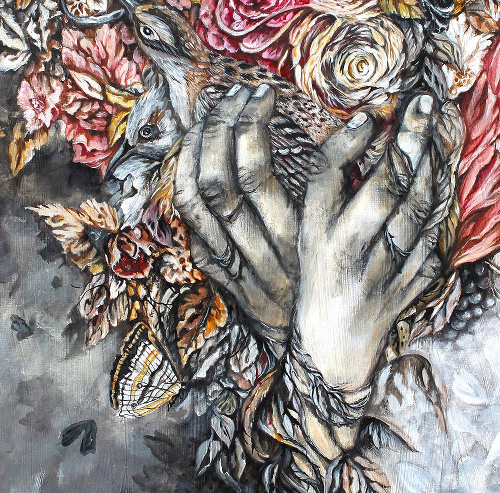 Surreal Nature Art with Hands, Birds and Flowers, "The Healer" originalpainting AK Organic Abstracts 