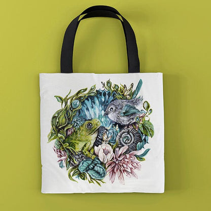 Whimsical Frog and Bird Tote tote AK Organic Abstracts 