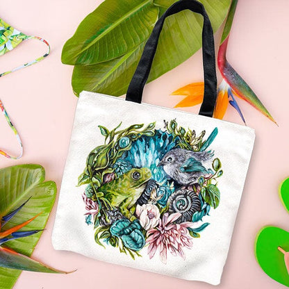 Whimsical Frog and Bird Tote tote AK Organic Abstracts 