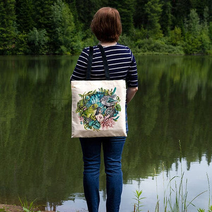 Whimsical Frog and Bird Tote tote AK Organic Abstracts 