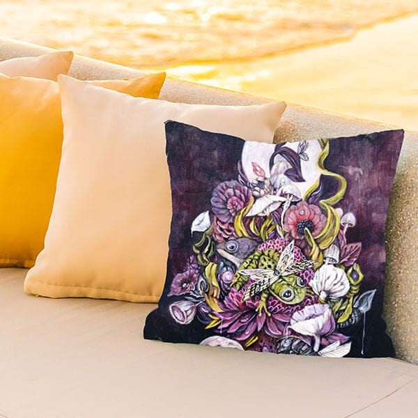 Whimsical Frogs, Flowers and Mushrooms Outdoor Pillow pillow AK Organic Abstracts 