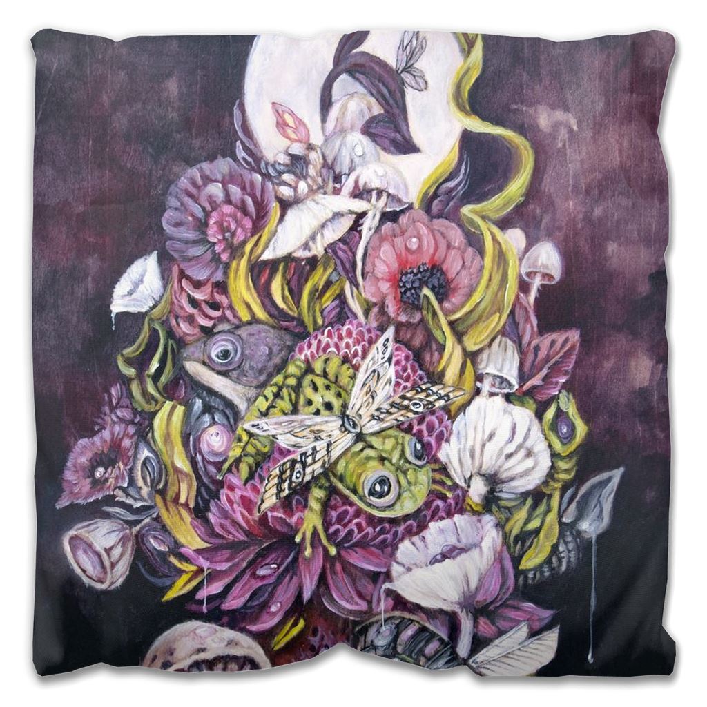 Whimsical Frogs, Flowers and Mushrooms Outdoor Pillow pillow AK Organic Abstracts 