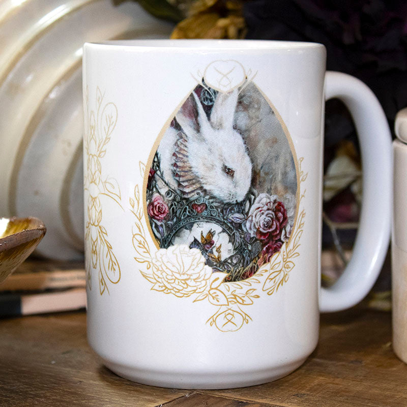 White Rabbit and Roses Coffee Mug