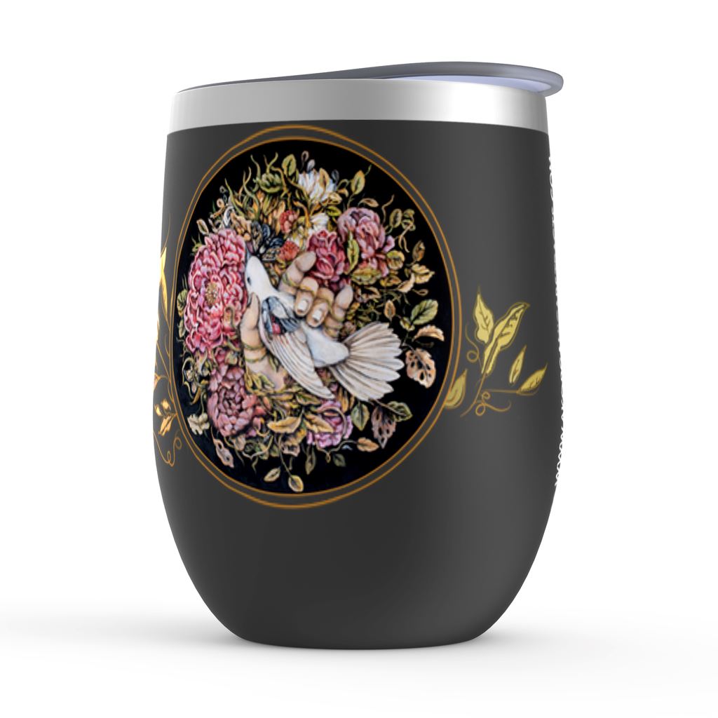 Wine Tumbler with Pink Flowers and Bird drinkware AK Organic Abstracts 