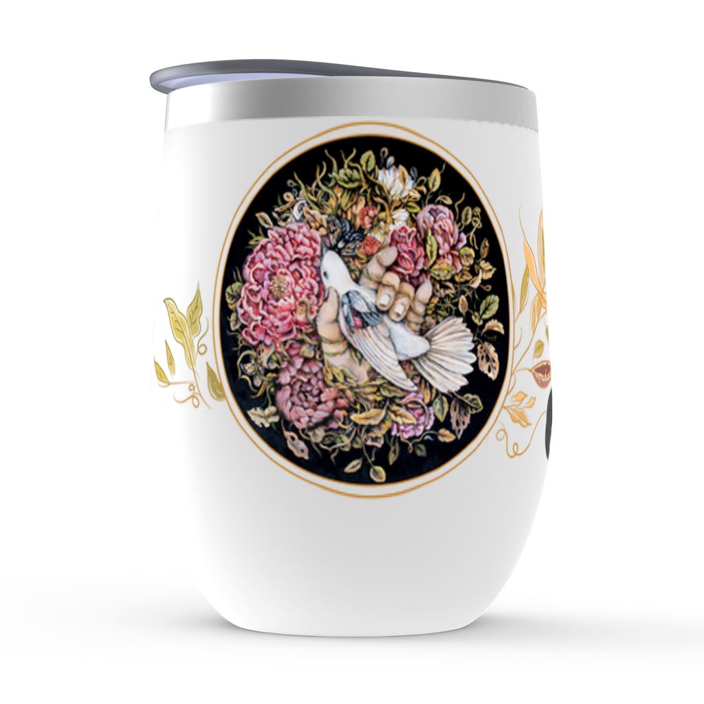 Wine Tumbler with Pink Flowers and Bird drinkware AK Organic Abstracts 