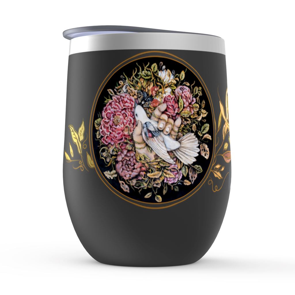 Wine Tumbler with Pink Flowers and Bird drinkware AK Organic Abstracts 