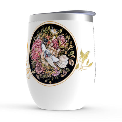 Wine Tumbler with Pink Flowers and Bird drinkware AK Organic Abstracts 